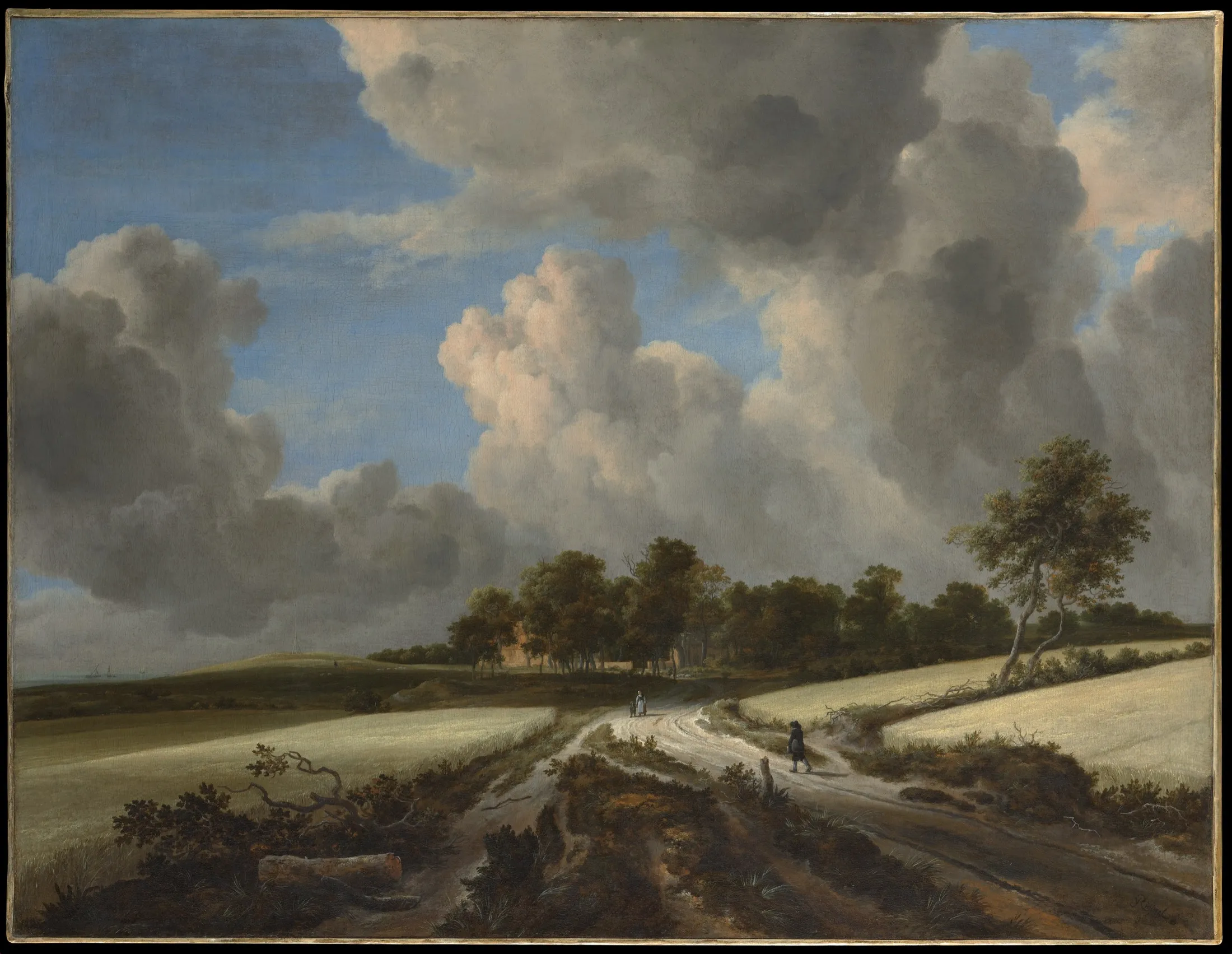 A sandy road between wheat fields under tall clouds.